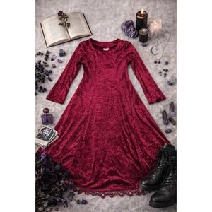 Rampage Fit & Flare Velour Burgundy Lace Trim Long Sleeve Dress 10 Romantic Goth